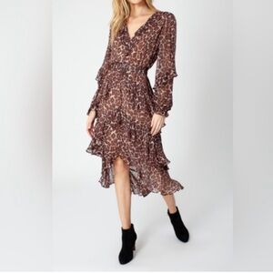 Hale Bob Layered Belted Midi Dress Brown Size Medium